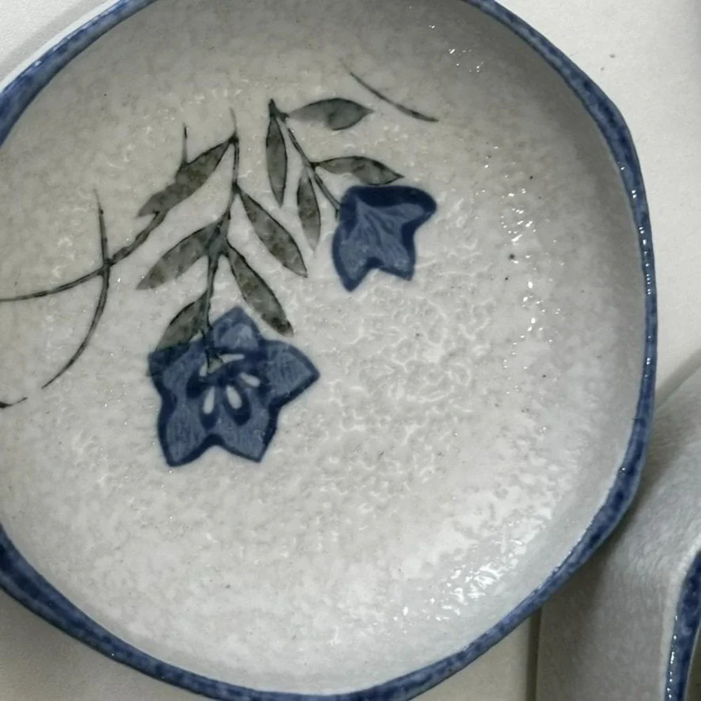 Vintage Blue White Speckled Ceramic Lot 5 Sauce Dishes Japanese Bellflower Set